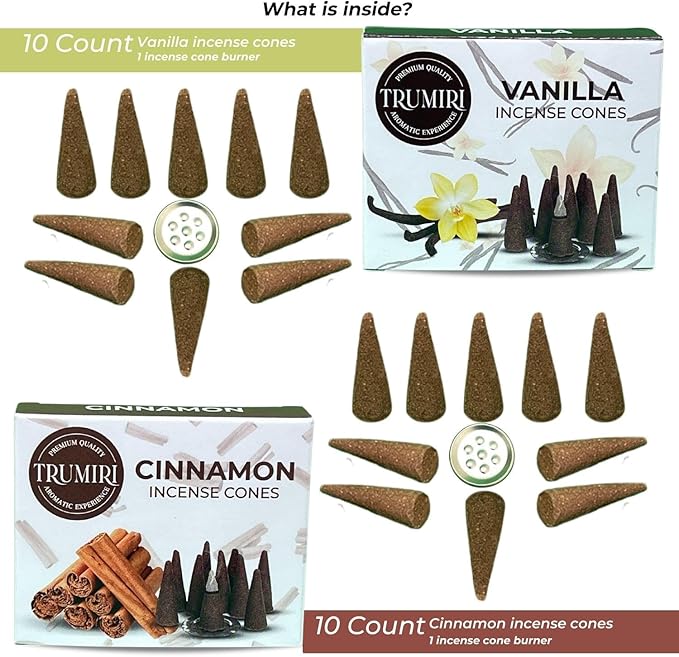 TRUMIRI Incense Cones - Combo Pack of 20 Cone Incense - 10 Vanilla + 10 Cinnamon TRUMIRI