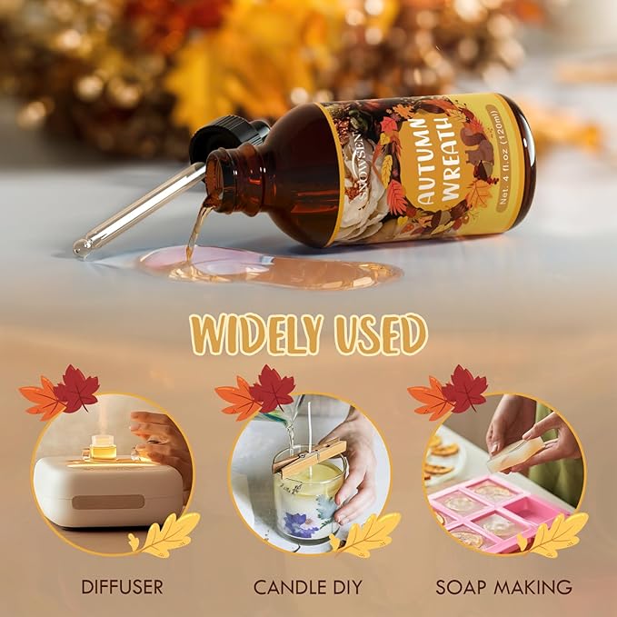 Autumn Wreath Fragrance Oil, Huge 4 Fl Oz, Premium Grade Essential Oil for Diffuser and Aromatherapy, Fall Scent for Soap Making, DIY Candle, Spray, Long Lasting Seasonal Scents - Bloomnest