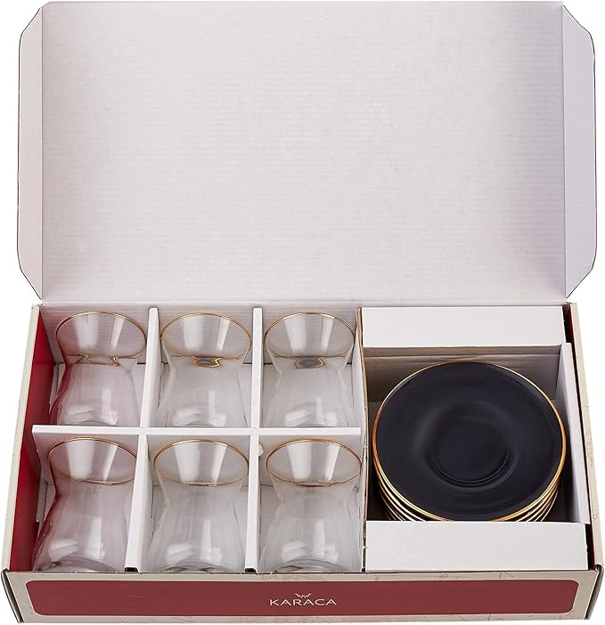 KARACA Retro Anthracite Tea Set for 6, 6 Turkish Tea Glasses, 12 Pcs, Gold Decal Details - Bloomnest