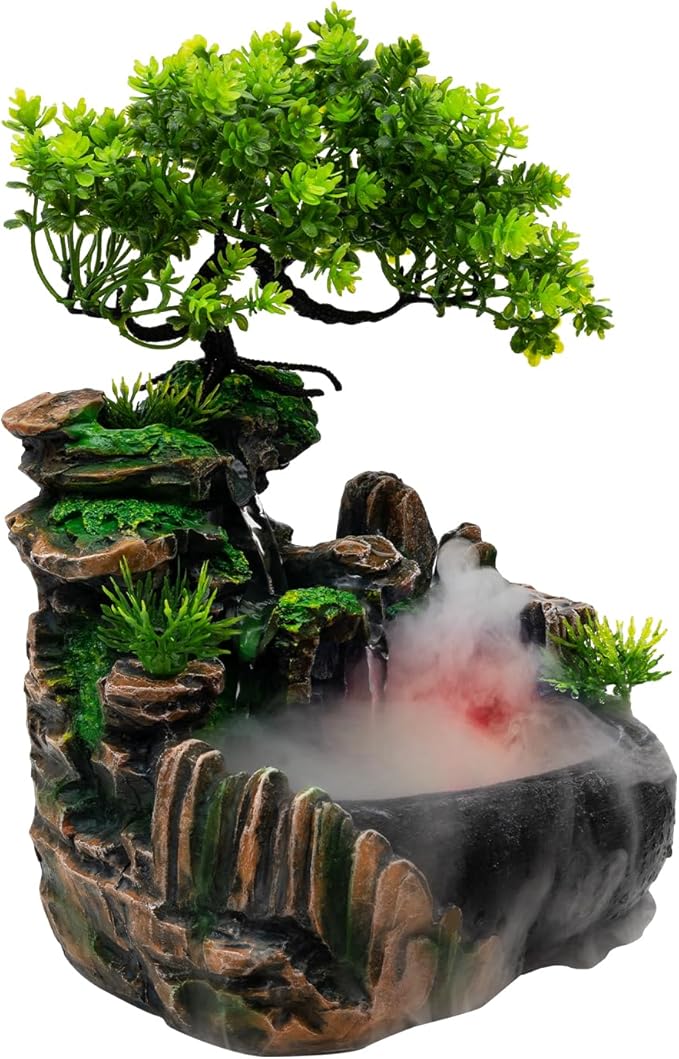 Tabletop Water Fountain with LED Lights – Resin Desktop Fountain for Home Office – Mist Humidifier, Relaxing Sound, Color-Changing – Decorative Indoor Garden Feature