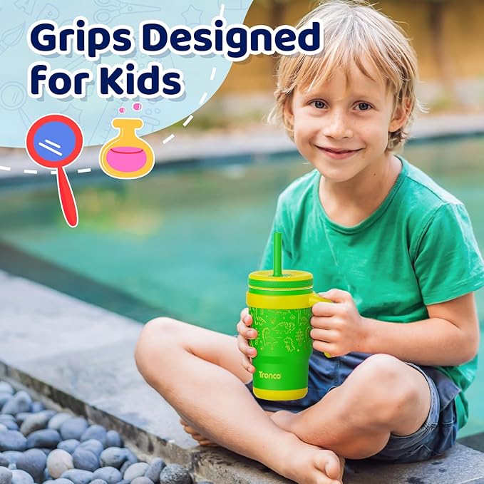 Tronco 14 oz Kids Insulated Tumbler with Handle & Spill Resistant Flexible Straw, BPA-Free Stainless Steel Toddler Cups with Lids, Splash-Proof Kid Drinking Cup Travel Mugs, Easy to Clean - Bloomnest