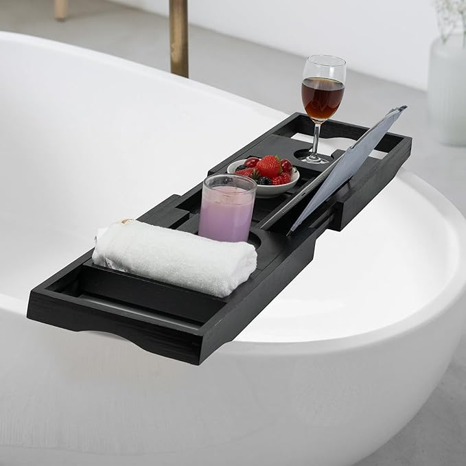 Utoplike Bamboo Bathtub Tray Caddy, Black Bath Tray Table for Tub, Adjustable Bathroom Organizer with Book Tablet Wine Glass Cup Towel Holder - Bloomnest