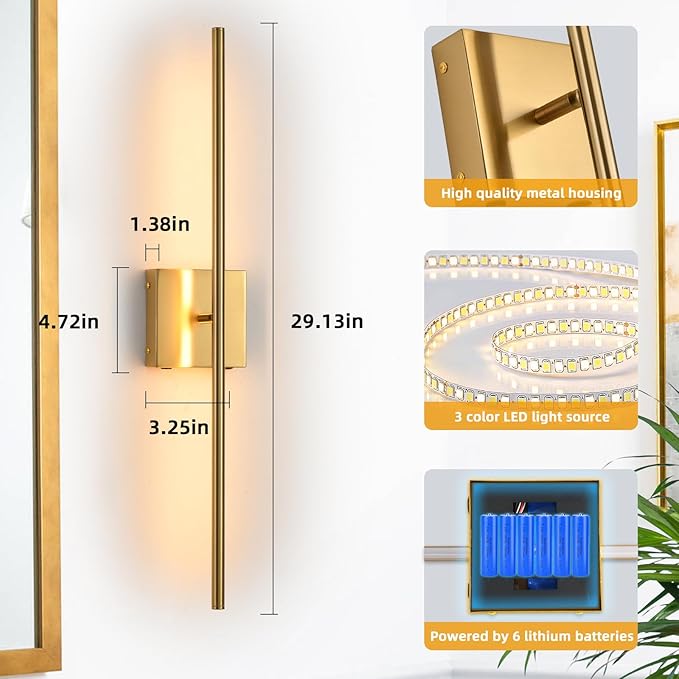 Battery Operated Wall Sconces set of 2, 16000mAh Brushed Gold Rechargeable Wall Sconce with Remote Control, 3000K-6000K Dimmable LED Wireless Wall Light for Living Room Hallway Bedroom Stairs 29 Inchs - Bloomnest
