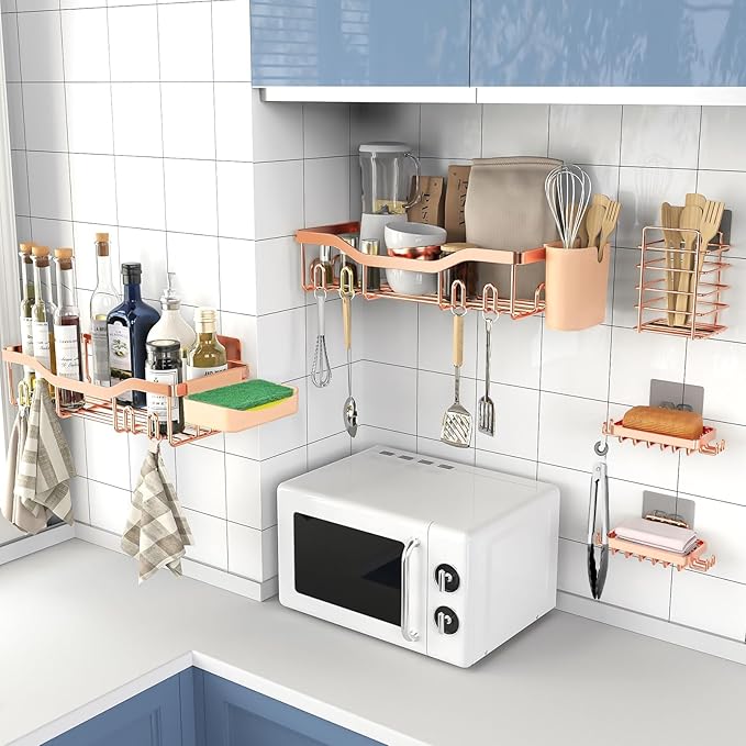 Shower Caddy Adhesive Shower Organizer 7-Pack, Rustproof Stainless Steel Bathroom Shelves, Large Capacity No-Drill Rack Storage Accessories with Soap Dish Toothbrush Holder Hooks - Bloomnest