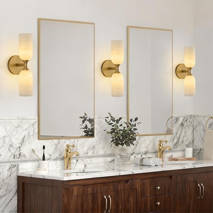 Vintage Alabaster Brass Wall Sconce: Antique Spanish Natural Marble Modern Vanity Wall Lights - 14" Cylinder Retro Brushed Gold Sconces - Indoor Sconce for Bathroom Bedroom Stair Hallway Living Room - Bloomnest