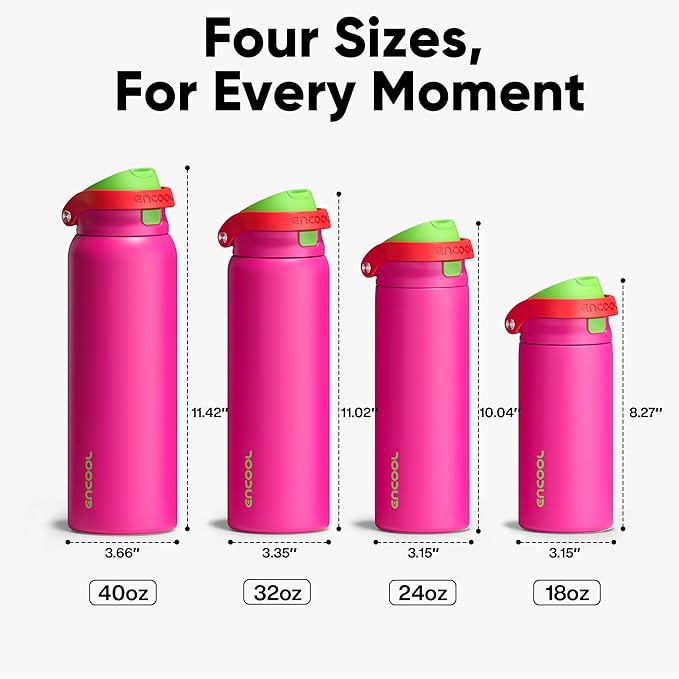 ENCOOL Leakproof Insulated Water Bottle with Straw Dual-Sip Water Bottle Bag-Safe Design for Work, Commute & Gym – Keeps Drinks Cold All Day, 32 oz, Neon Pink ENCOOL