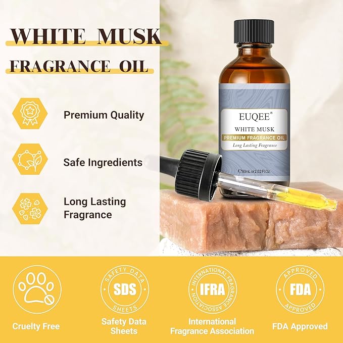 EUQEE White Musk Fragrance Oils for Home Aromatherapy, Premium White Musk Fragrance Oil with Glass Dropper for Diffusers, Candle & Soap Making, Bath Bombs (2.02 Fl oz/60 ml) - Bloomnest