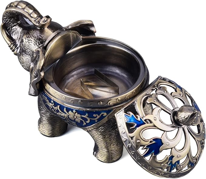 K COOL Metal Backflow Incense Holder Elephant Cone Incense Burner Candle Holder with Lid, Aromatherapy Ornament Home Office Decoration for Indoor Outdoor (Navy Blue) - Bloomnest