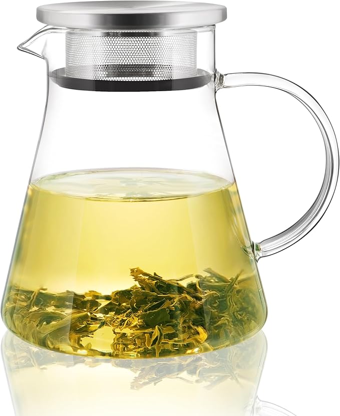 CNGLASS 30.5oz/900ml Glass Teapot Stovetop Safe,One-Touch Clear Tea Kettle,Blooming and Loose Leaf Tea Maker