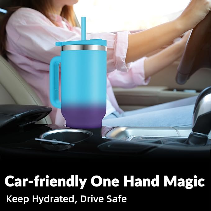 40oz Tumbler with Handle | Insulated Stainless Steel Travel Mug | 34Hrs Cold & 10Hrs Hot Retention | 100% Leakproof Lid & Straw | Dishwasher Safe + Car Cup Holder Fit (Light Blue Violet Gradient) - Bloomnest