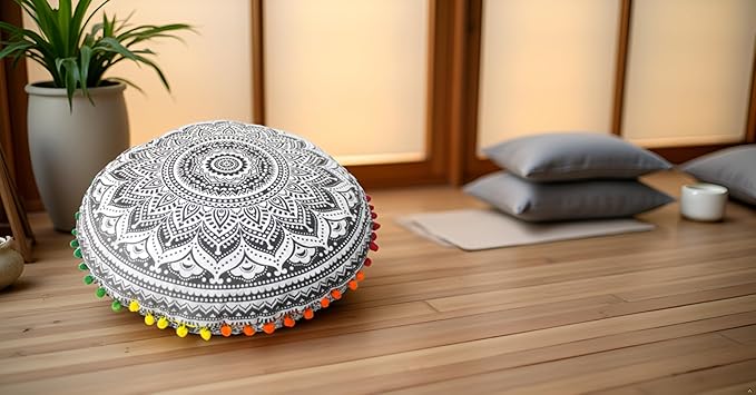 CRAFT KALA Boho Large Floor Pillow Pouf Cover Mandala Meditation Room Pillow Cover for Adults Round Bohemian Seating Pouf Cushion Cover for Kids Playroom 22" Grey Ombre - Bloomnest
