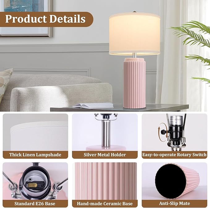 23.5’’ Modern Pink Table Lamps Set of 2 for Living Room, Ceramic Bedside Lamps with White Linen Shade for Girls Room, Rustic Nightstand Lamps for Bedroom Home Office, Cute Lamps for End Table Dorm - Bloomnest