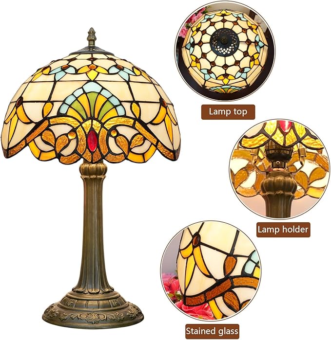 Tiffany Lamp Stained Glass lamp 12 inches Bedside Table Lamps for Living Room Bedroom Dorm Kitchen Home Decor Festival Birthday Gift,Yellow Baroque - Bloomnest