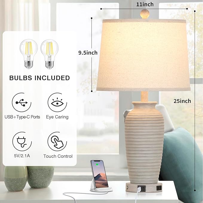 25" Farmhouse Jar Table Lamps Set of 2, 3 Way Touch Control Rustic Bedside Lamps with USB A+C Ports & AC Outlet, Pot Nightstand Lamps for Bedroom Living Room (LED Bulbs Included) - Bloomnest