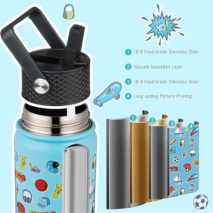 BJPKPK Insulated Water Bottle with Straw Lid, 18 oz Stainless Steel Metal Water Bottles, Reusable Leak Proof BPA Free Water Bottles, Cups, Thermo, Playground - Bloomnest