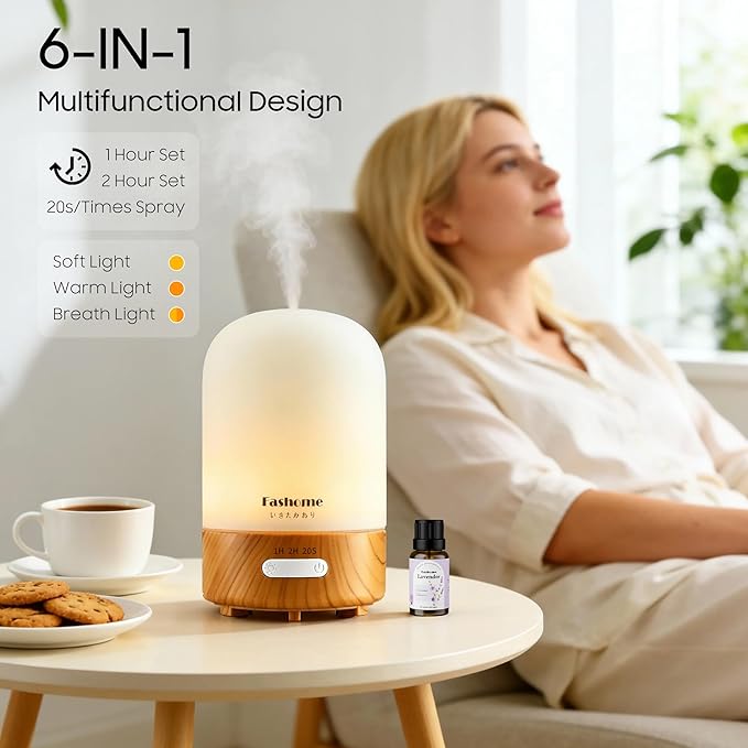 Essential Oil Diffuser Hand Blown Glass, 100ml Small Aromatherapy Diffuser, Auto Shut-Off Function, Ultrasonic Diffusers for Essential Oils, Cool Mist Humidifier with Warm White Lights（White） - Bloomnest
