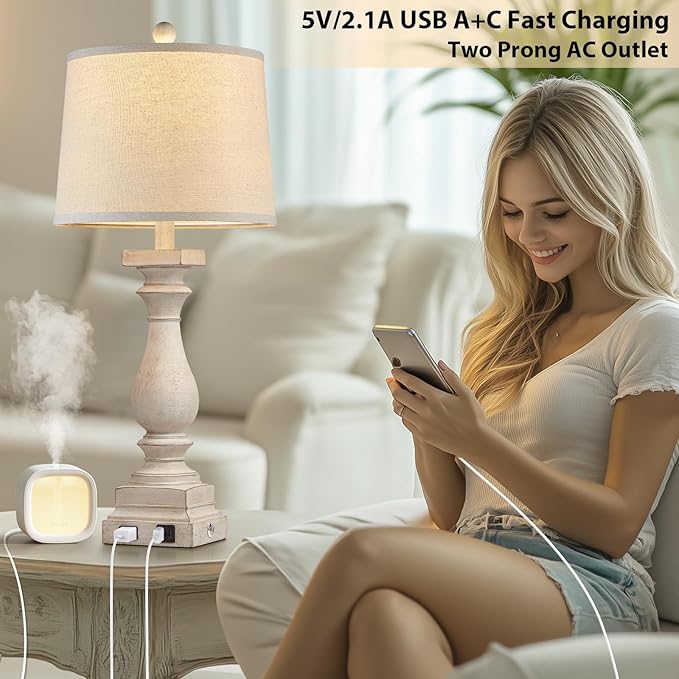 28" Tall Farmhouse Table Lamps with USB C+A Ports and AC Outlet, 3 Way Touch Control Rustic Bedside Lamps for Bedroom, Beige Vintage Nightstand Lamps for Living Room Office - Bloomnest