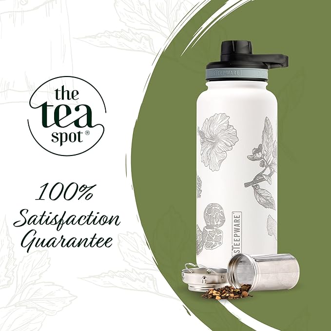 The Tea Spot Himalayan Tea Tumbler - Travel Bottle with Tea Infuser for Loose Leaf Tea or Iced Coffee - 32oz, White-Etched - Double-Walled Insulated Bottle - Keeps Drinks Hot & Cold for Hours - Bloomnest