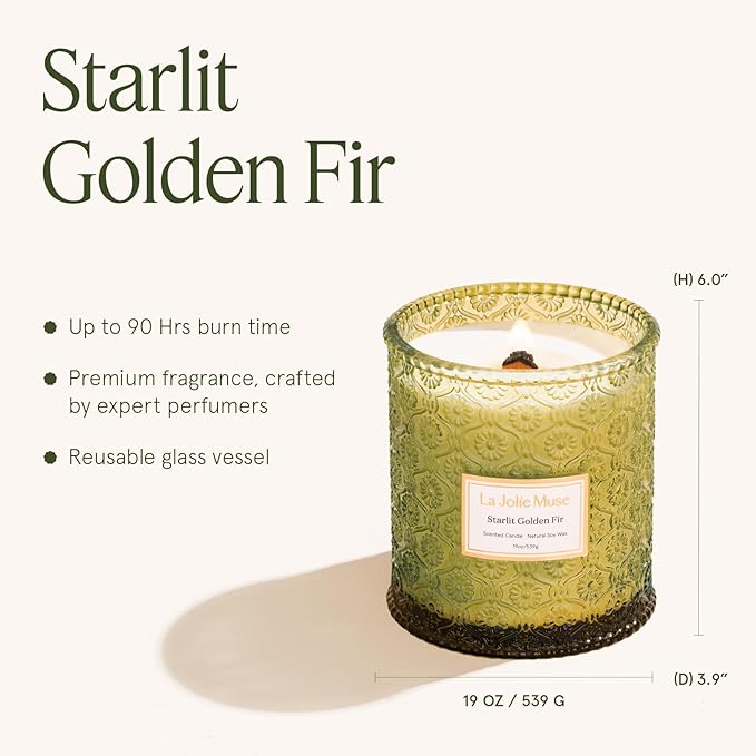LA JOLIE MUSE Christmas Candles, Starlit Golden Fir Candle – Pine, Cedarwood, Fir Balsam | 19 oz Large Wooden Wick Candle | Natural Soy Wax | 90 Hours Clean Burn | Gift-Ready for Hosts & Gatherings - Bloomnest