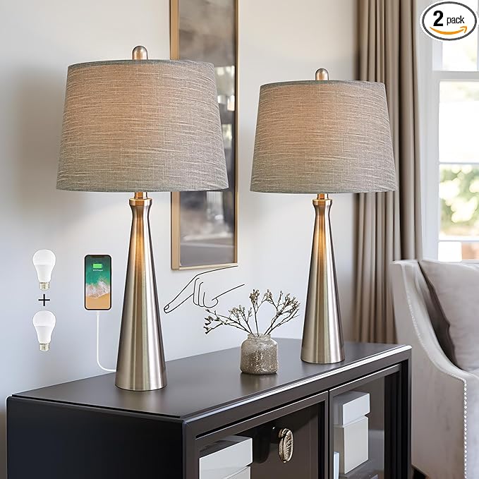 Oneach 25.75" Table Lamps Set of 2 for Living Room Bedroom, Bedside Lamp 3-Way Dimmable Touch Control, Modern Silver Nightstand Light Fabric Shade Vintage Accent Style - Bloomnest
