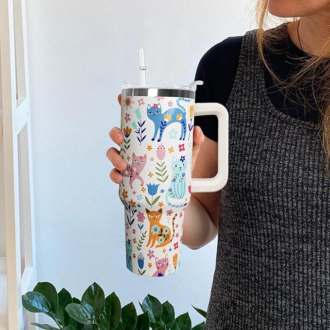 Ceovfoi 40 Oz Cat Tumbler With Handle, Coffee Travel Mug Cup Water Bottle, Cat Decor, Gifts for Women - Bloomnest