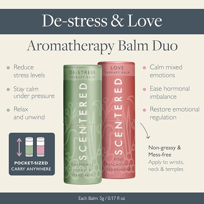 Scentered Aromatherapy Balm Stick Duo for Stress-Relief & Emotional Balance - Roll On Essential Oil Blends of Rose & Chamomile - Aromatherapy Gifts for Women - De-Stress & Love - Bloomnest