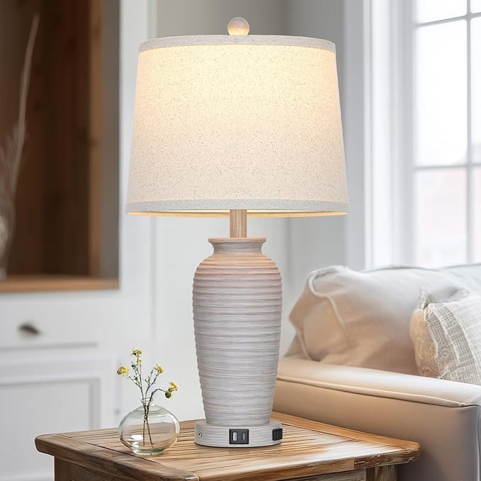 25" Vintage Farmhouse Jar Table Lamps, Single Rustic Bedside Lamp with USB A+C Ports & AC Outlet, Nightstand Lamps for Living Room, Bedroom, End Table, Grey White(LED Bulb Included) - Bloomnest