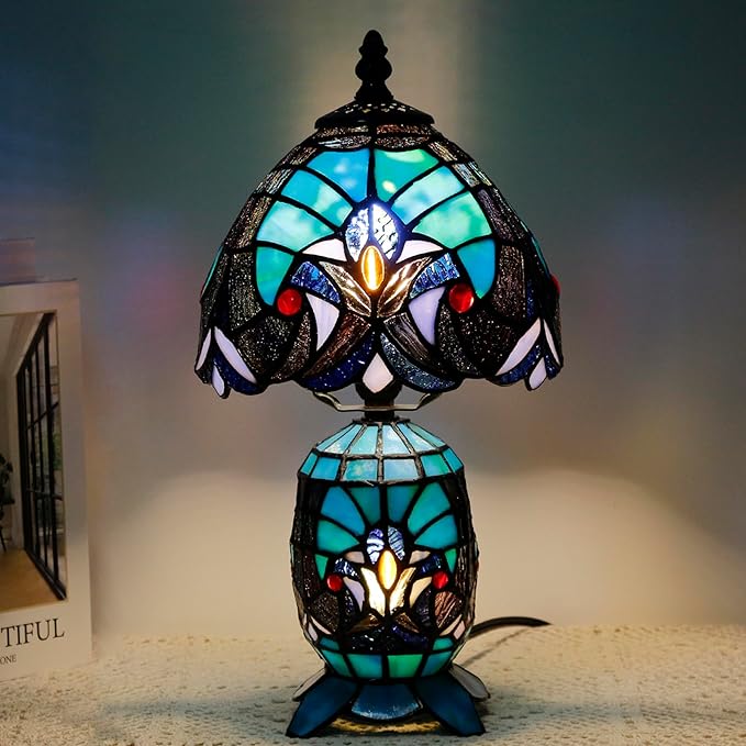 Small Tiffany Lamp Stained Glass Table Lamp Mini Mother Daughter Vase Desk Accent Light for Bedroom Bedside Reading Home Antique Style Decor 8X14 Inches (Green) - Bloomnest