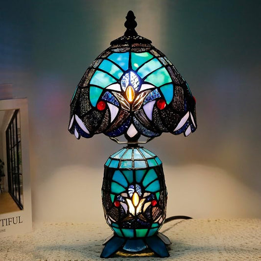 Small Tiffany Lamp Stained Glass Table Lamp Mini Mother Daughter Vase Desk Accent Light for Bedroom Bedside Reading Home Antique Style Decor 8X14 Inches (Green) - Bloomnest