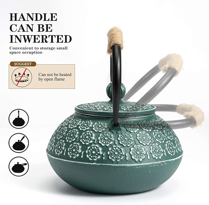 Sotya Cast Iron Teapot, 30oz/900ml Japanese Tetsubin Tea Pot with Infuser for Loose Leaf and Tea Bags, Tea Kettle Coated with Enameled Interior for Stove Top, Dark Green - Bloomnest