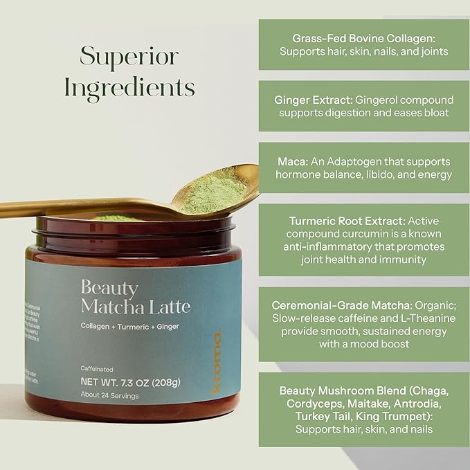 Kroma’s Beauty Matcha Latte Powder 7.18 Oz, 204g, 24 Servings – Collagen Ceremonial Grade Matcha Green Tea with Protein for Glowing Skin & Hair Support w/ Bovine Collagen, Ginger & Turmeric - Premium Matcha Powder w/ Adaptogenic Mushrooms - Bloomnest