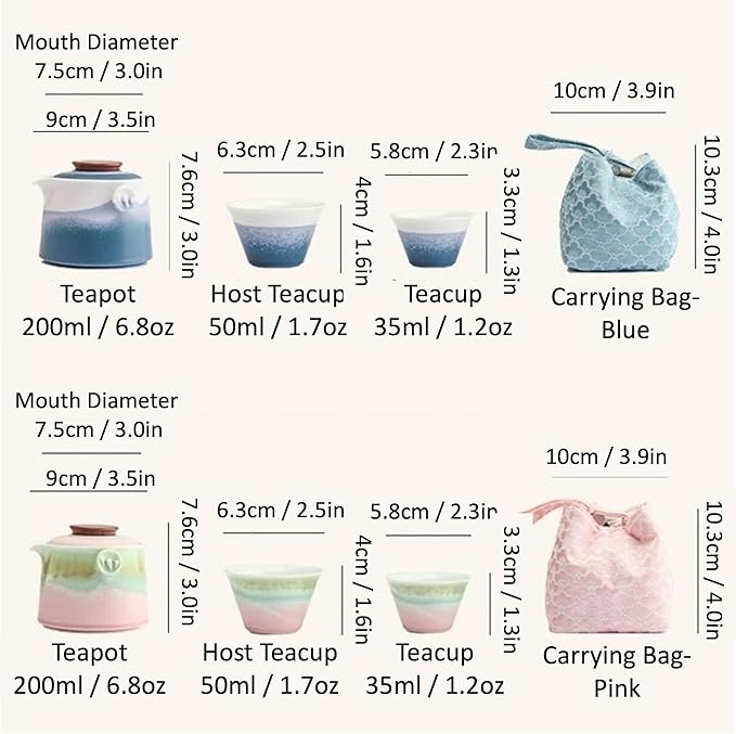 Hermit Life Chinese Travel Tea Set, Portable Ceramic Teapot for One to Two, Gongfu Tea Set with Color Gradient Design, 1 Pot 2 Cups, Gift for Tea Lovers (Azure Coast) - Bloomnest