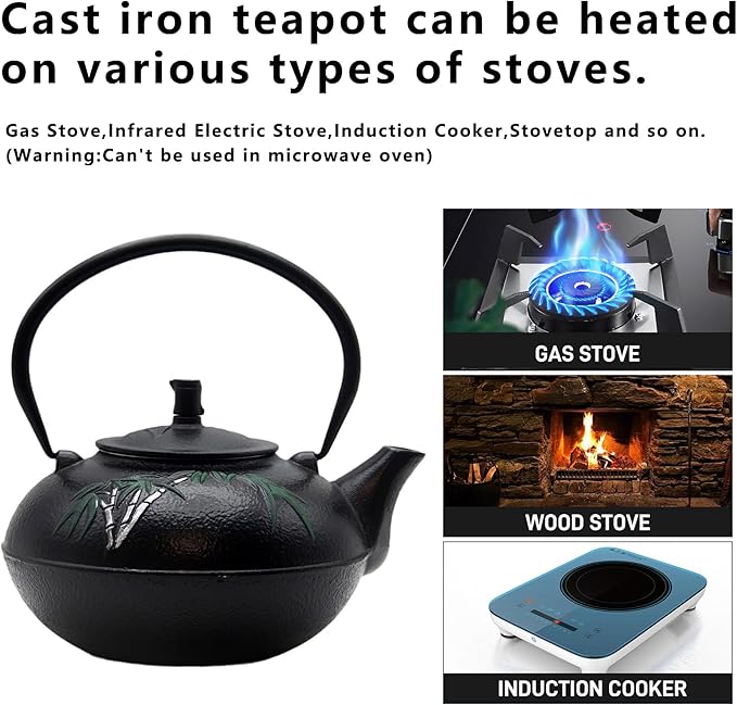 84.6oz Large Cast Iron Tea Kettle for Stovetop, Heavy Teapot with Stainless Steel Infuser for Loose Leaf, Japanese Style Tea Pot, 2500ml Black Tetsubin with Bamboo Pattern - Bloomnest