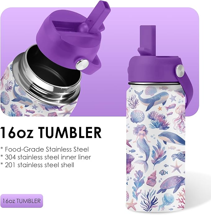 Ocean Gifts for Kids - 16 Oz Purple Water Bottle with Straw Lid, Stainless Steel Insulated Tumbler, Leak Proof, BPA-Free, for Girls & Boys, School, Beach - Marine Life Lovers Birthday Gifts (1pc) - Bloomnest