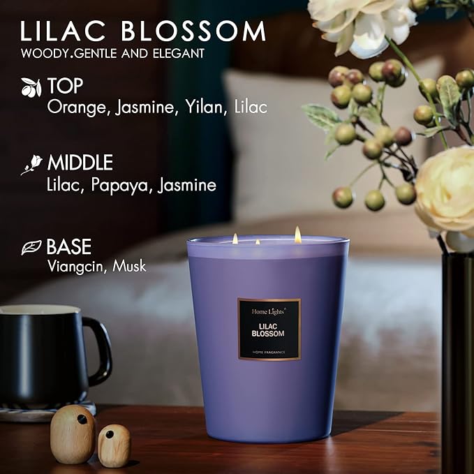 HomeLights Highly Scented Soy Candles Big 33.3 oz for Home. 3 Cotton Wicks, Smokeless Long Lasting 130 hrs in Lilac Blossom. 5x6, Great Gift for Women & Men - Bloomnest
