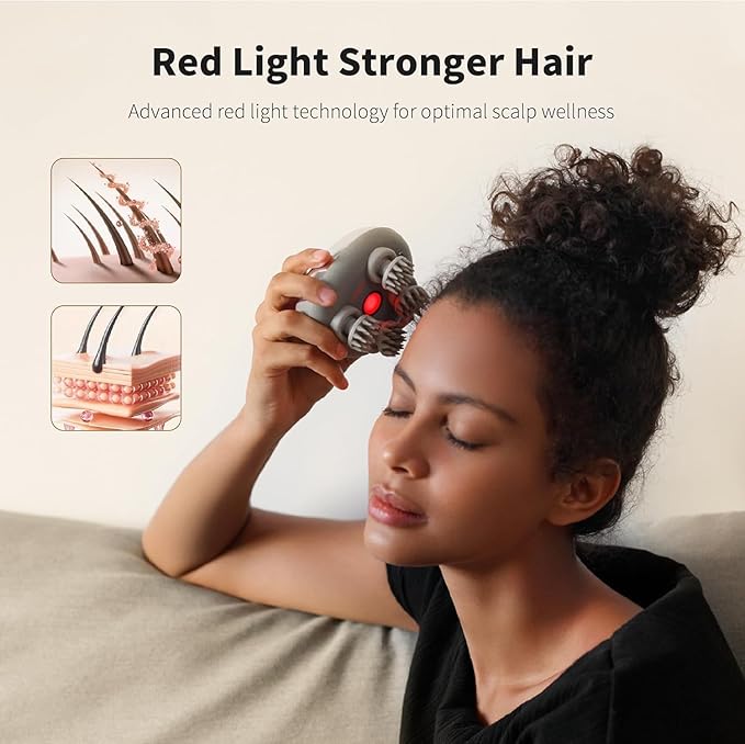 Breo Portable Mini Scalp Massager – IPX7 Waterproof Rechargeable Head Massager for Scalp Relax, Stress Relief Tool with Bamboo Wood Charging Base, Removable Massage Nodes (Silver with Base) breo