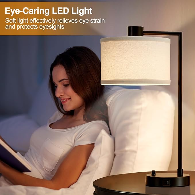 Luvkczc Table Lamp for Bedroom Set of 2 with USB C+A Ports, Fully Stepless Dimmable Bedside Lamp with Linen Lampshade, Contemporary Lamp for Living Room Reading Office, 2 LED Bulbs Included (Black) - Bloomnest