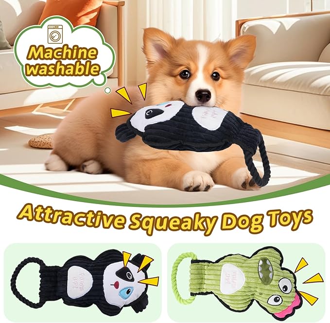 2-Pack Squeaky Dog Toys & Tough Tug of War Set - No Stuffing Chew-Resistant Plush Toys to Keep Them Busy, Best Birthday Gift for Small/Medium/Large Breeds (Panda & Dino) - Bloomnest