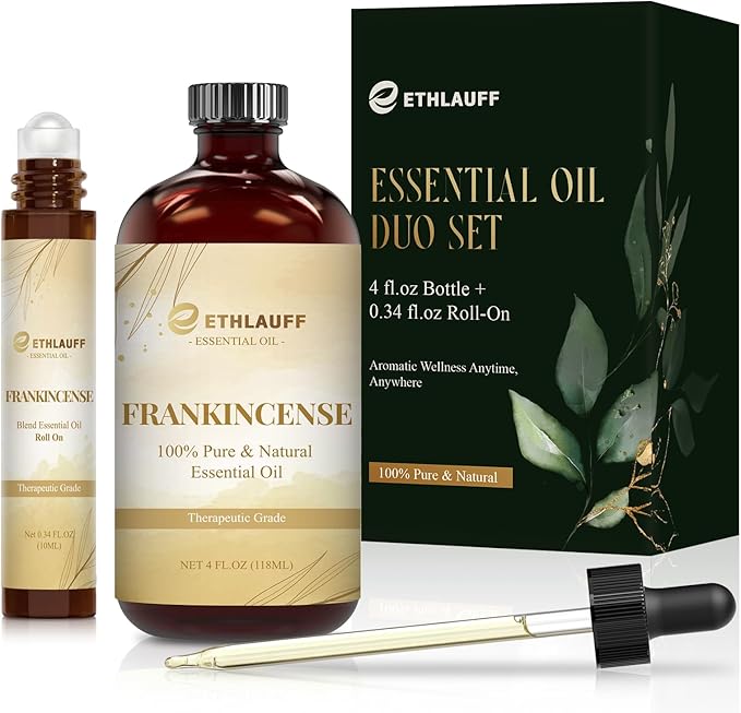 Frankincense Essential Oil (4 fl.oz Bottle + 0.34 fl.oz Roll-On) — Frankincense Oils for Aromatherapy, Diffusers, Humidifiers, Home fragrances, DIY Skincare, Candle, Soap Making, Relaxation, Yoga Ethlauff