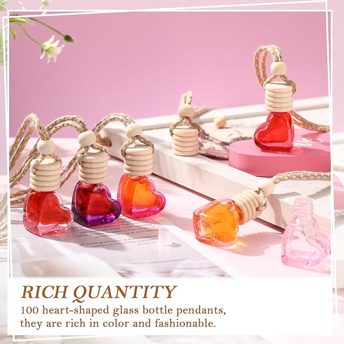 Rtteri 100 Pcs Hanging Car Air Freshener Diffuser Bottles Empty Glass Perfume Diffuser Vials Refillable Oil Aromatherapy Pendant with Wooden Caps and Hanging String for Car Home Office Decor(Heart) - Bloomnest