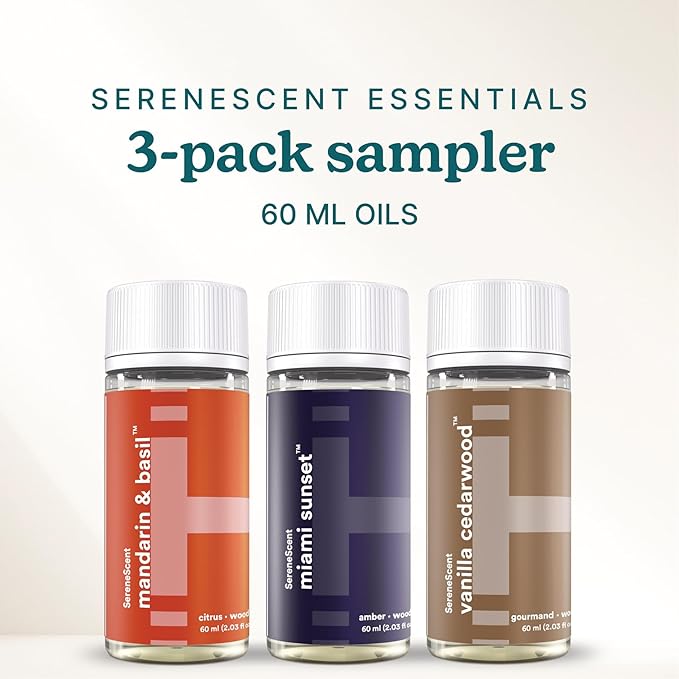 SereneScent Essentials 3-Pack Oils, 60ml Fragrance Oils for Diffusers – Mandarin Basil, Miami Sunset, Vanilla Cedarwood – Natural, Plant-Based, Long-Lasting Aromatherapy Scents by Homedics - Bloomnest
