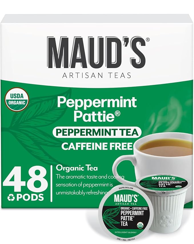 Maud's Organic Peppermint Tea Pods, 48 ct, Recyclable Single Serve Pods – 100% Gourmet Blended Tea Leaves, Compatible with Keurig K Cups Maker - Bloomnest