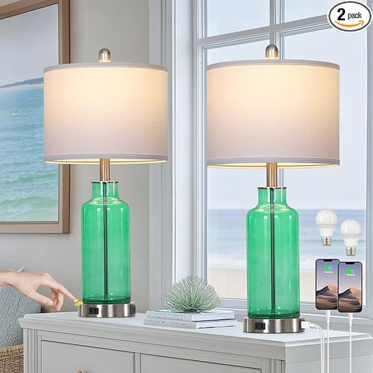 26.5" Coastal Green Glass Table Lamps Set of 2, 3-Way Dimmable Touch Control Bedside Lamps with USB Ports and AC Outlet, Teal Nightstand Lamps for Bedroom Living Room - Bloomnest