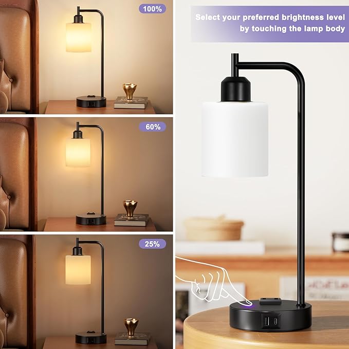 Industrial Touch Bedside Lamps for Bedrooms Set of 2 - 3-Way Dimmable Nightstand Lamps with USB C+A Ports and Outlet, Table Lamps with Opal Glass Shade for Living Room, Desk Lamps for Home Office - Bloomnest