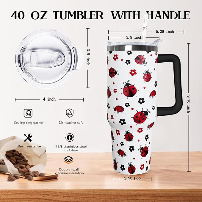 Ceovfoi 40 Oz Ladybug Tumbler With Handle - Coffee Travel Mug Cup Water Bottle, Strawberry Decor - Gifts for Women - Bloomnest