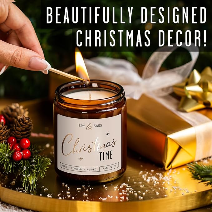 Christmas Candles Scented – ‘Christmas Time’ Soy Christmas Candle, w/Apple, Cinnamon, Clove - Infused with Essential Oils I Holiday Candles I 9oz, 50Hr, Made in USA - Bloomnest
