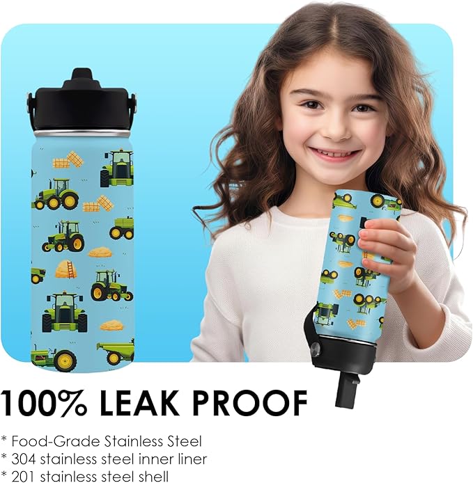 Car Gifts for Boy Girls - 16oz Kids Water Bottle with Straw, Tractor Stainless Steel Water Bottles Insulated, BPA-free, Leak-proof, Farm Tumbler, for School, Travel - Car Lovers Chlidren Gift Cup(1pc) - Bloomnest