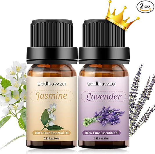Sedbuwza Lavender Jasmine Essential Oil Set, Lavender Fragrance Oil Jasmine Scent Oil Set for Diffuser, Aromatherapy, Massage, Soap, Candle Making 2 x 10 ml Sedbuwza