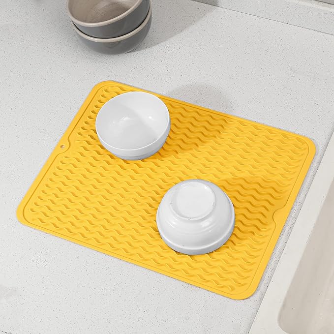 Silicone Dish Drying Mat for Multiple Usage,Easy clean,Eco-friendly,Heat-resistant Silicone Mat for Kitchen Counter or Sink,Refrigerator or drawer liner Yellow L 16 inches x 12 inches - Bloomnest