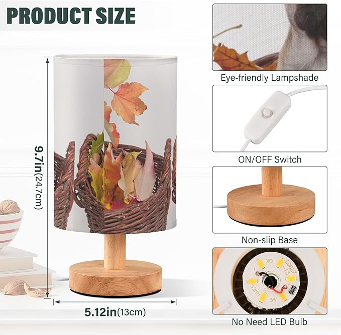 Table Lamp Pug Puppy Autumn Maple Leaf Nightstand Lamp with Wood Base Fabric Lamp Shade Bedside Desk Lamp for Living Room Bedroom Kids Room Office - Bloomnest
